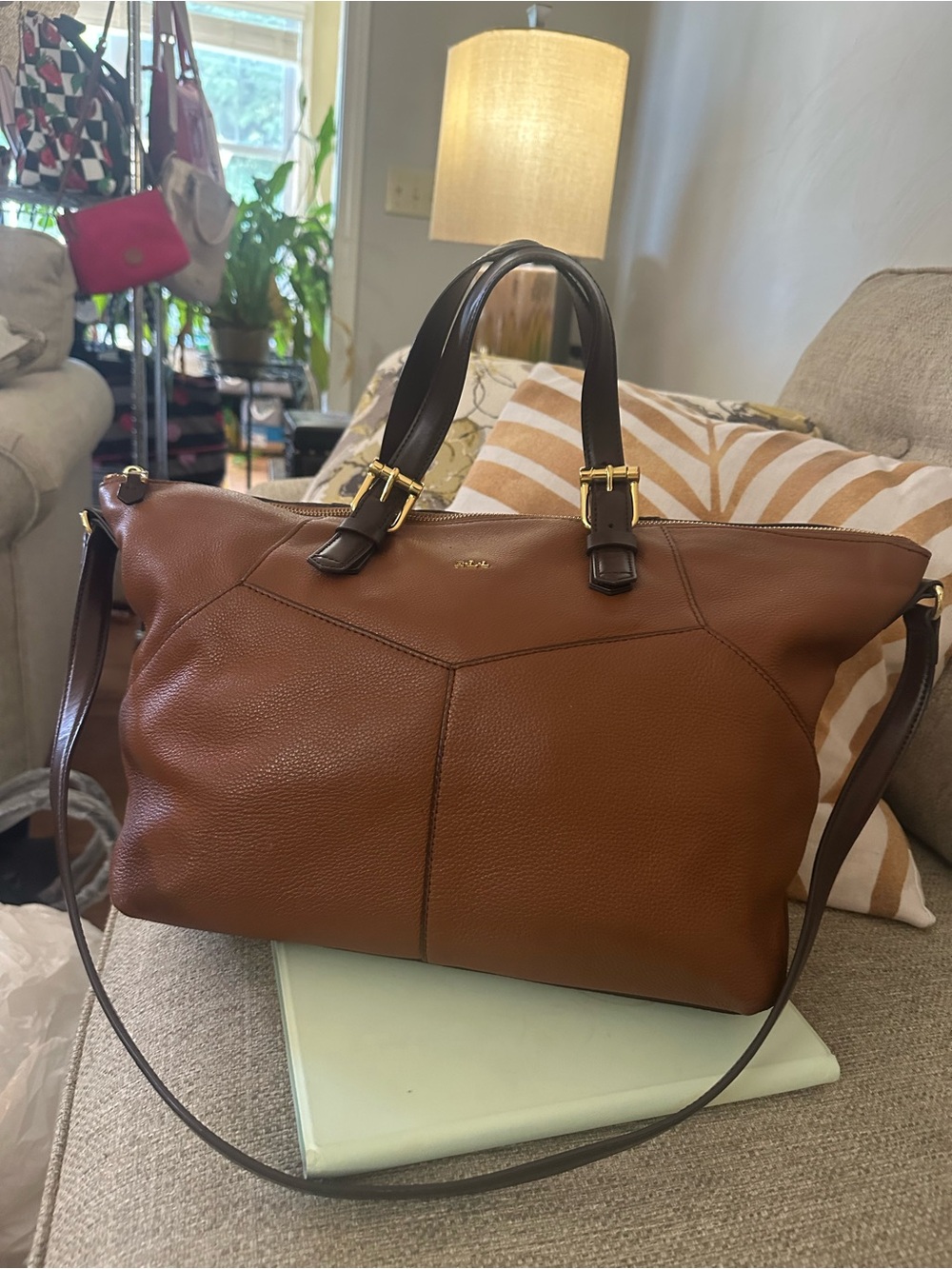 Lauren Ralph Lauren Large Chestnut Brown Luxury Leather Tote | Gold Hardware - Picture 14 of 16